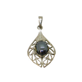 Sterling Silver Cabochon Haematite Filigree Drop Pendant Modern c2000s