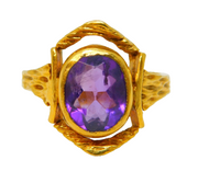 9ct Yellow Gold Textured Amethyst Set Dress Ring Vintage 1970 London