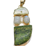 Sterling Silver Shell, Moonstone & Natural Green Stone Pendant Vintage c1970