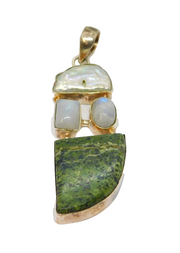 Sterling Silver Shell, Moonstone & Natural Green Stone Pendant Vintage c1970