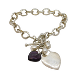Studio Sterling Silver, Pearl, Amethyst Cable Link Chain Bracelet Vintage