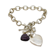 Studio Sterling Silver, Pearl, Amethyst Cable Link Chain Bracelet Vintage
