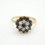 9ct Yellow Gold, Garnet & Opal Set Floral Cluster Ring Vintage c1970s