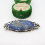 Sterling Silver Floral Pattern Lapis Lazuli Brooch Pin Vintage c1950
