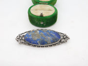 Sterling Silver Floral Pattern Lapis Lazuli Brooch Pin Vintage c1950