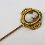 Victorian Yellow Metal Carved Shell Cameo Stick Pin Antique 1860