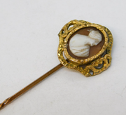 Victorian Yellow Metal Carved Shell Cameo Stick Pin Antique 1860