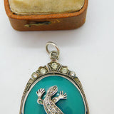 European .935 Silver, Hardstone & Paste Lizard Drop Pendant Antique c1930