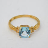 9ct Yellow Gold Aquamarine & Diamond Dress Ring Vintage c1970