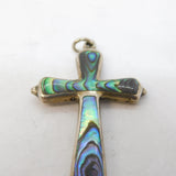Sterling Silver Abalone Set Cross Charm Pendant Vintage c1970s