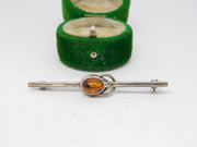 Sterling Silver & Baltic Amber Celtic Knot Bar Brooch Vintage c1970