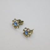 Pair of Sterling Silver Clear & Blue Crystal Flower Stud Earrings Modern c2000