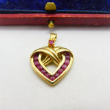 Gold on Sterling Silver Natural Ruby Set Heart Drop Pendant Vintage c1970