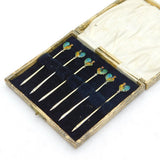 Boxed Art Deco Set of Sterling Silver Gilt Enamel Chicken Cocktail Sticks