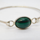 European .835 Silver & Cabochon Green Malachite Bangle Bracelet Vintage c1980