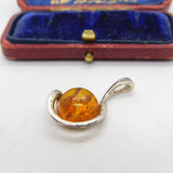 Sterling Silver Modernist Baltic Amber Set Drop Pendant Vintage c1960