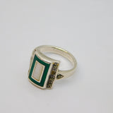 Sterling Silver Green Enamel & Mother Of Pearl Dress Ring Vintage c1970 Size O