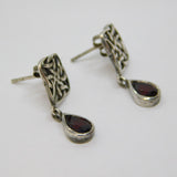 Pair of Sterling Silver Garnet Drop Celtic Pattern Stud Earrings Vintage c1970