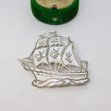 Siam Sterling Silver White Niello Enamel Ship Brooch Antique c1920 Art Deco
