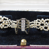 Boxed Art Deco 14ct White Gold & Diamond Set Natural Pearl Cuff Bracelet Antique