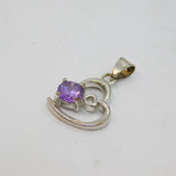 Sterling Silver Purple Crystal Offset Heart Charm Pendant Modern c1990s