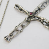 Large Studio Style Sterling Silver & Garnet Cross Pendant Necklace Vintage