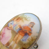 19th Century Sterling Silver Painted Porcelain Romance Scene Brooch Antique