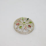 Sterling Silver Pink & Green Multi-Gemstone Cut Work Disc Pendant Vintage c1990