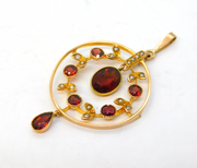 Edwardian 9ct Rose Gold, Garnet & Seed Pearl Lavalier Pendant Antique c1910s