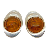 Pair of Sterling Silver & Baltic Amber Modernist Clip-On Earrings Vintage c1970s