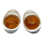 Pair of Sterling Silver & Baltic Amber Modernist Clip-On Earrings Vintage c1970s