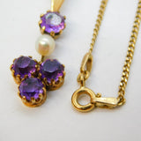 9ct Yellow Gold, Amethyst & Pearl Set Floral Drop Pendant Necklace Vintage