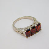 Sterling Silver Triple Stone Garnet Heart Pattern Ring Vintage c1970 Size O 1/2