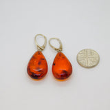 Pair of Sterling Silver Large Baltic Amber Leverback Drop Earrings Vintage c1970