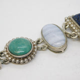 Sterling Silver, Pearl, Blue Lace Agate & Quartz Panel Bracelet Vintage c1980