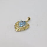 Sterling Silver Patterned Open Heart With Blue Glass Charm Pendant Vintage c1970