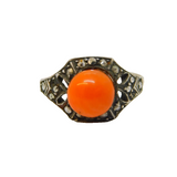Art Deco 9ct Gold & Silver Set, Coral & Marcasite Dress Ring Antique c1920s