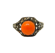 Art Deco 9ct Gold & Silver Set, Coral & Marcasite Dress Ring Antique c1920s