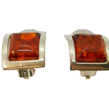 Pair of Sterling Silver Baltic Amber Curved Clip-On Earrings Vintage c1970