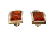 Pair of Sterling Silver Baltic Amber Curved Clip-On Earrings Vintage c1970