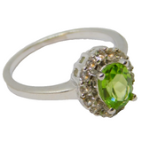 Sterling Silver Oval Peridot & White Sapphire Ring Vintage c1970 Size N 1/2