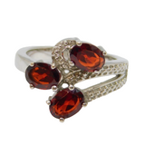 Sterling Silver Triple Oval Garnet Patterned Dress Ring Vintage c1970 Size N 1/2