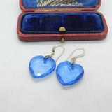 Pair Of Sterling Silver & Faceted Blue Resin Heart Earrings Vintage c1990