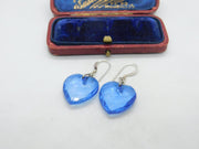 Pair Of Sterling Silver & Faceted Blue Resin Heart Earrings Vintage c1990