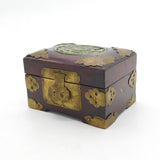 Chinese Lacquer, Brass Bounded & Carved Jade Panel Set Jewellery Box c1920