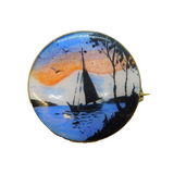 Norwegian Sterling Silver Enamel Sailing Scene Brooch Pin Antique c1940s