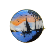 Norwegian Sterling Silver Enamel Sailing Scene Brooch Pin Antique c1940s