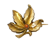 19th Century French 18ct Gold 'Fix' Plated Coral Set Leaf Brooch Antique c1890