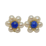 Pair of Sterling Silver Pearly & Blue Bead Flower Stud Earrings Vintage c1990
