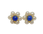 Pair of Sterling Silver Pearly & Blue Bead Flower Stud Earrings Vintage c1990